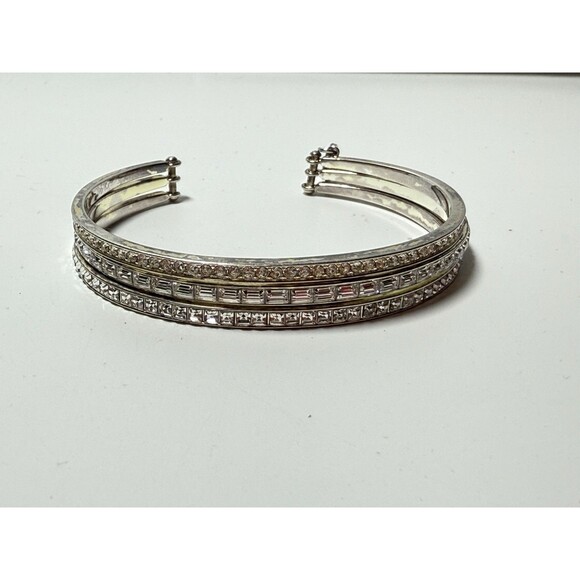 Juicy Couture 3 Layer Silver Tone Rhinestone Crystal Cuff Bracelet - Picture 5 of 9